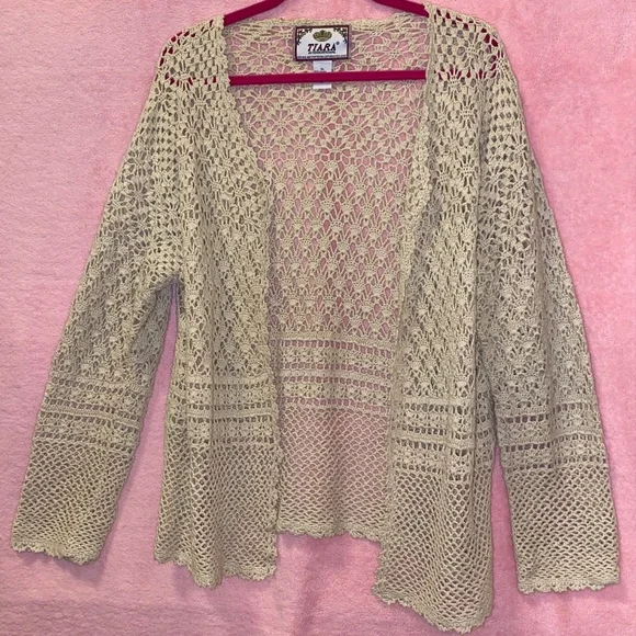 Vintage 90s Tiara Crochet Cardigan Longsleeve Nautical Beige Cream Taupe XL Fest - Picture 5 of 12